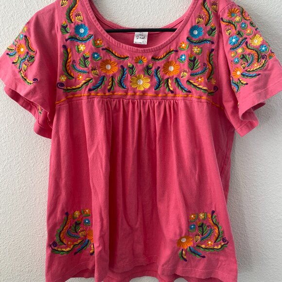 Bare your soul Tops - BARE YOUR SOUL Boho Short Sleeve Blouse Top Pink or yellow Floral Embroidery L